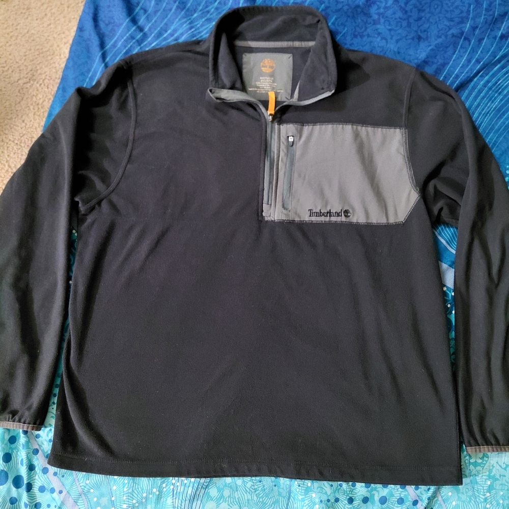 Retro Mens Timberland Black and Gray Quarter-Zip Pullover 2XL Y2K